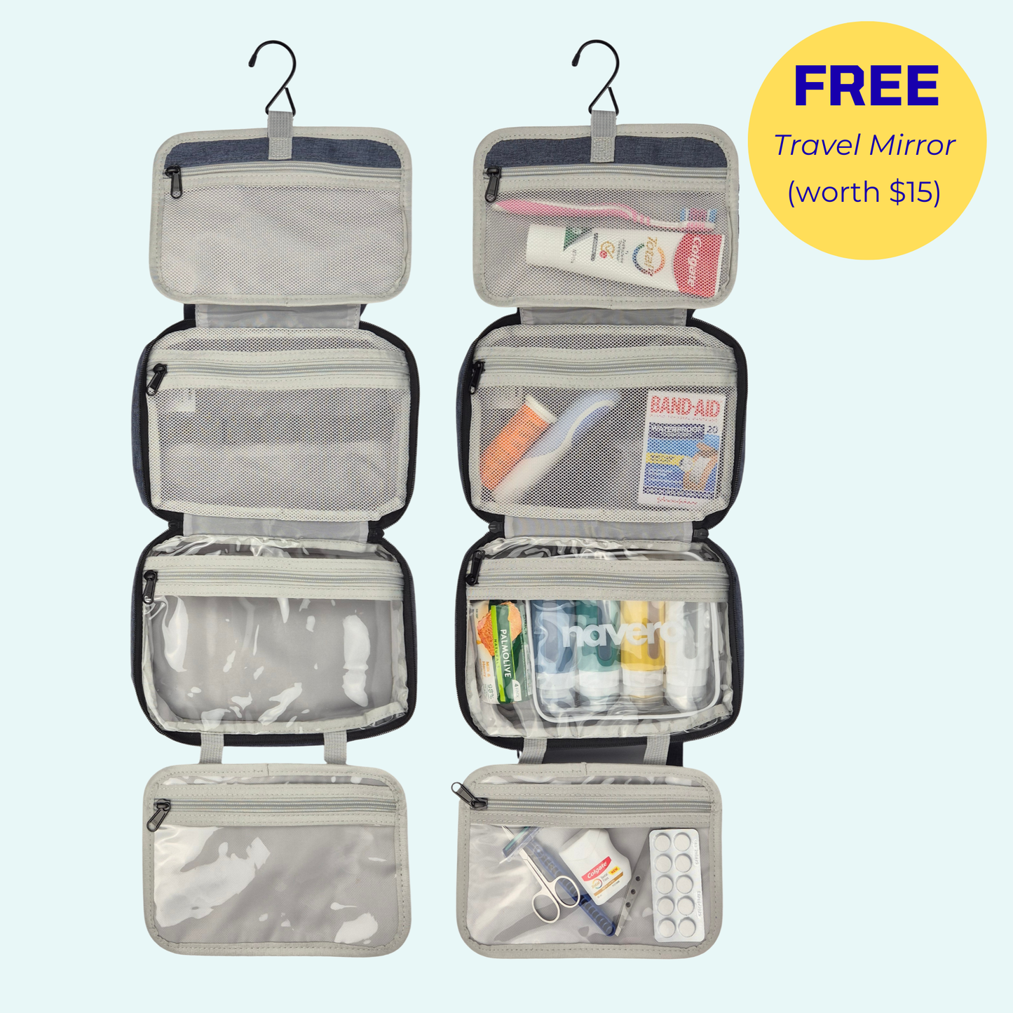Hanging Toiletry Bag + FREE Travel Mirror