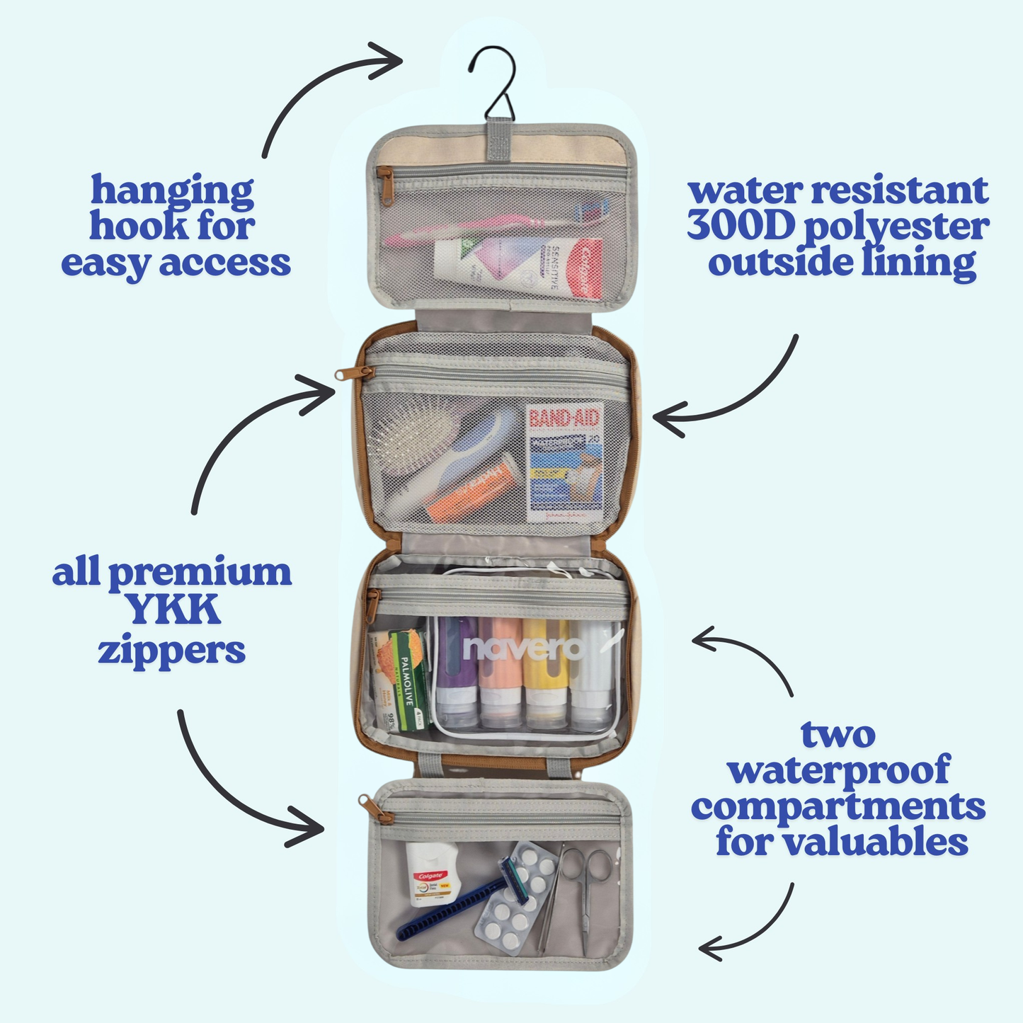 Hanging Toiletry Bag + FREE Travel Mirror